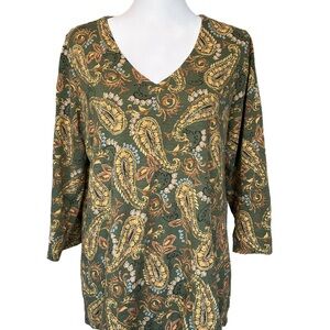 J. Jill Olive Green Paisley Yellow V‑Neck 3/4 Sleeve Top Slub Tee Loose Fit EUC
